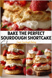 Golden Sourdough Shortcake Biscuits stacked with whipped cream and fresh strawberries for a Sourdough Shortcake Recipe.